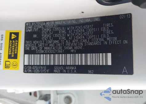 2013 Toyota Highlander Base V6 z USA, uszkodzony, nr VIN 5TDBK3EH3DS213661